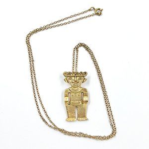 Aztec Male Figure Gold Tone Pendant 24” Gold Tone Chain Necklace